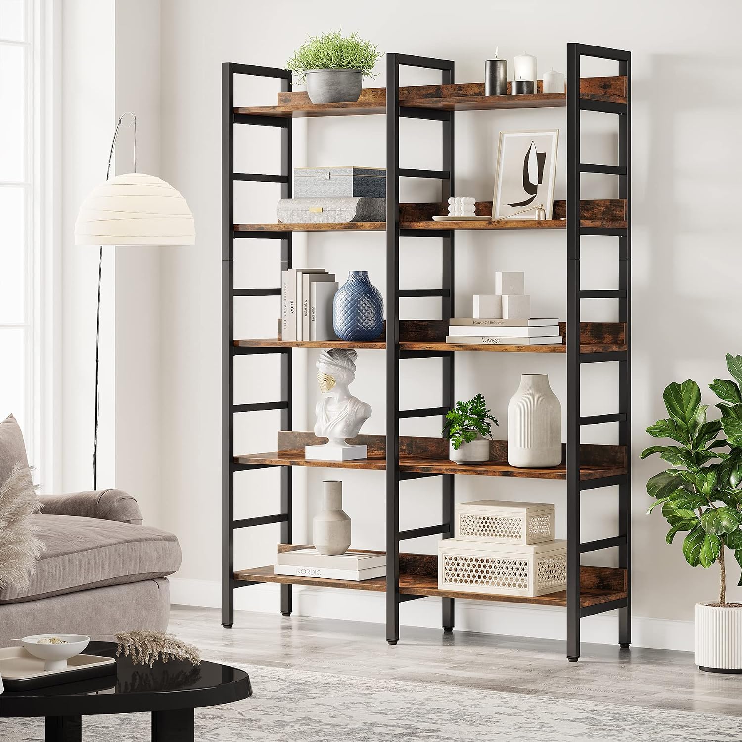 Tribesigns Rustic Brown Double Wide 5-Tier Industrial Bookshelf
