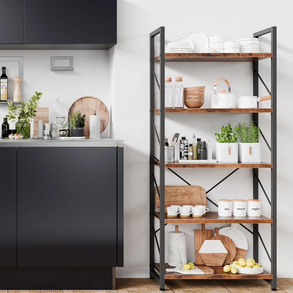 Brown Industrial 5-Tier Tall Open Storage Bookshelf
