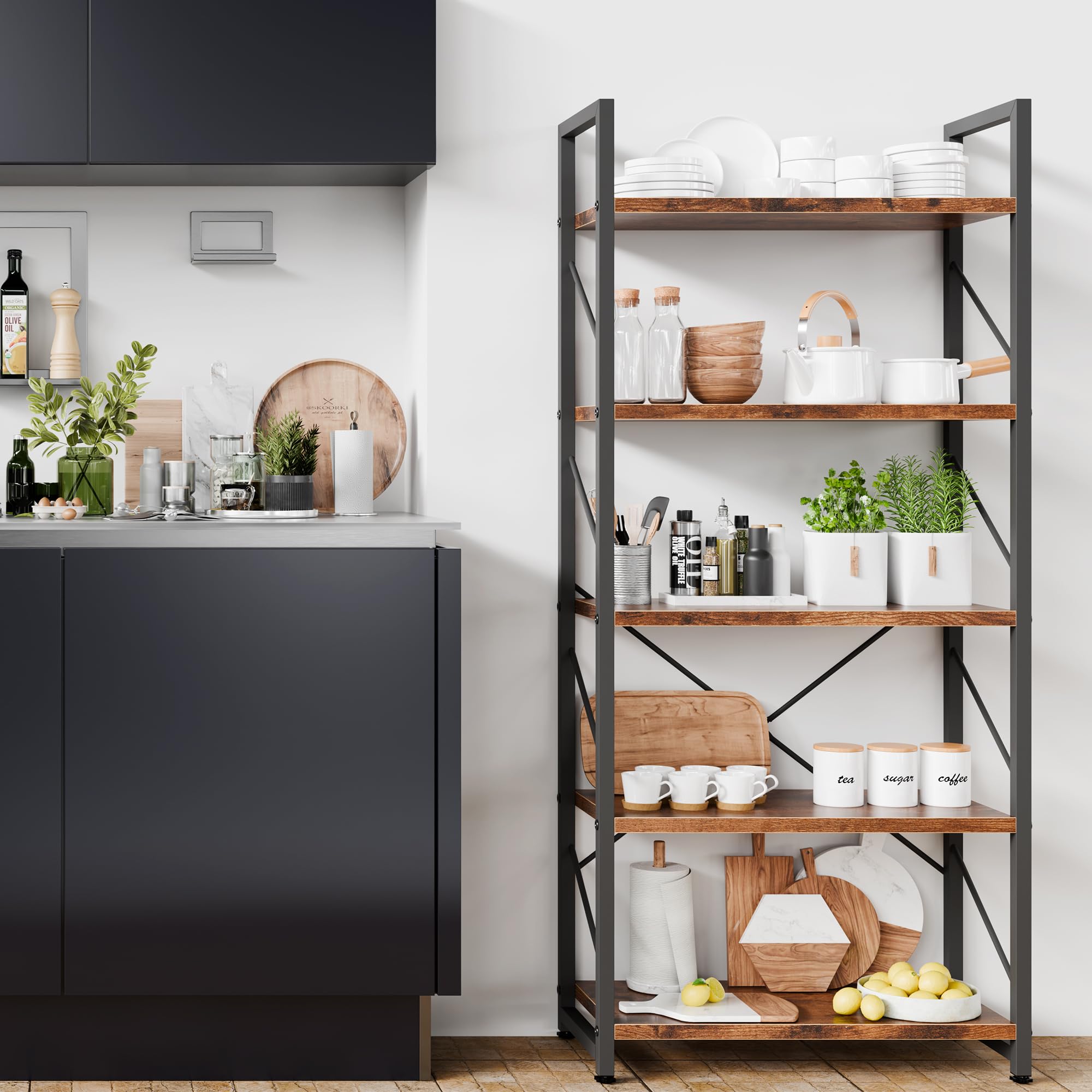 Brown Industrial 5-Tier Tall Open Storage Bookshelf