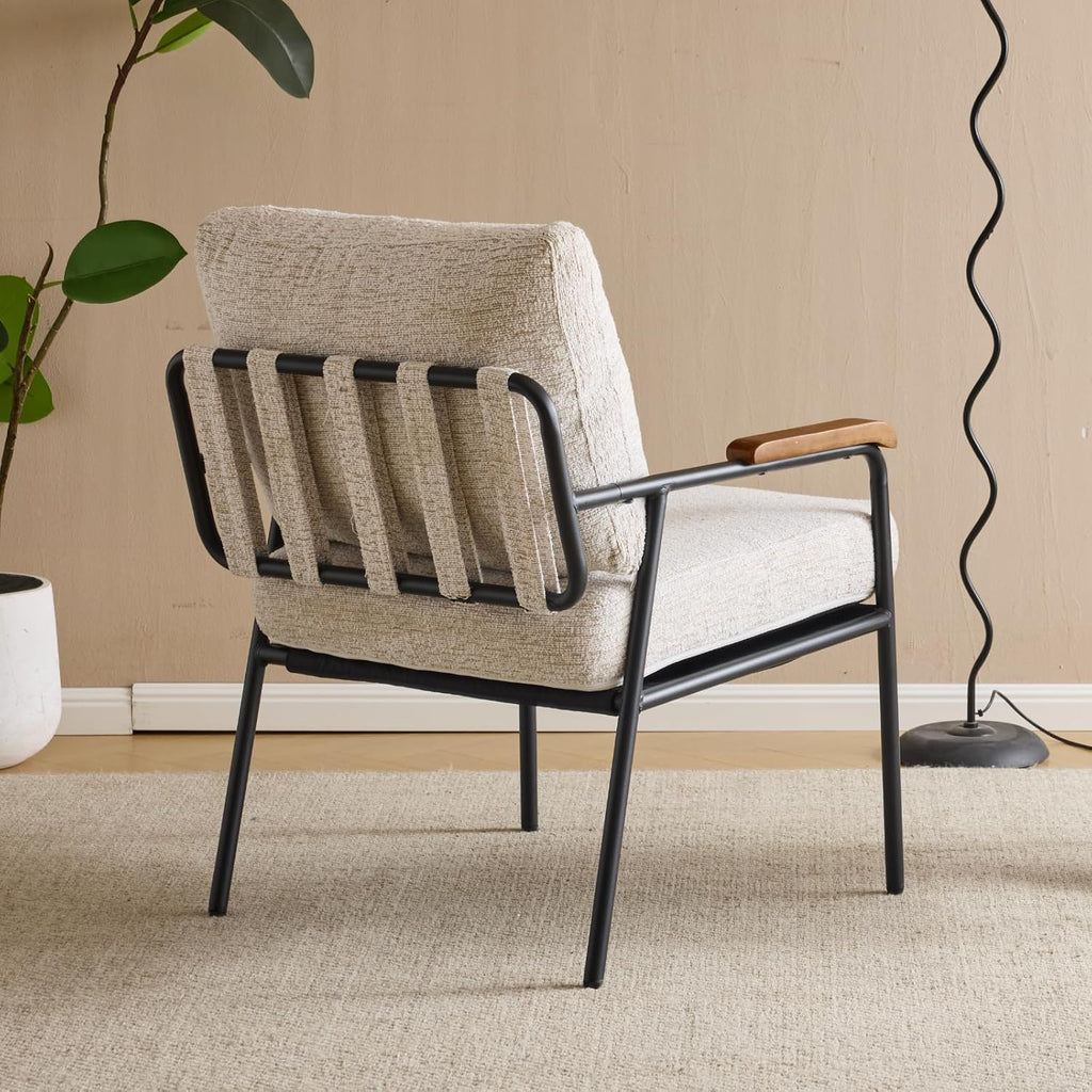 Beige Linen Mid-Century Accent Chair with Wood Arms & Metal Frame
