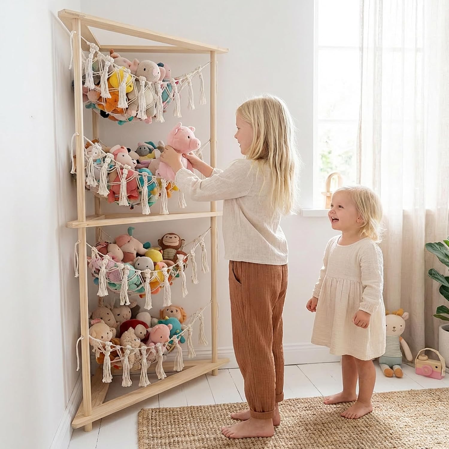 Boho Macrame 4-Tier Corner Stuffed Animal Storage Display Shelf