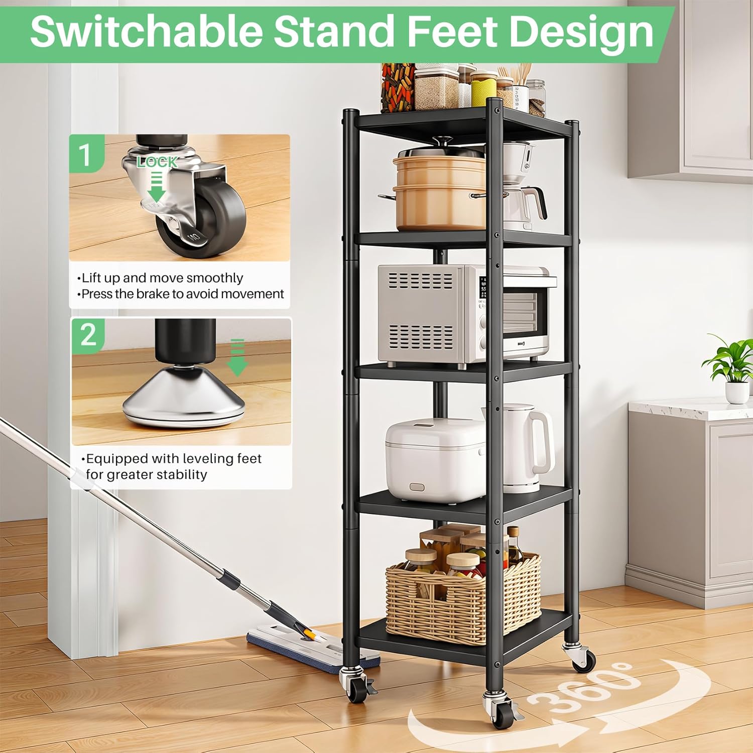 Wheeled Adjustable Metal 5-Tier Multi-Scene Storage Shelving Unit