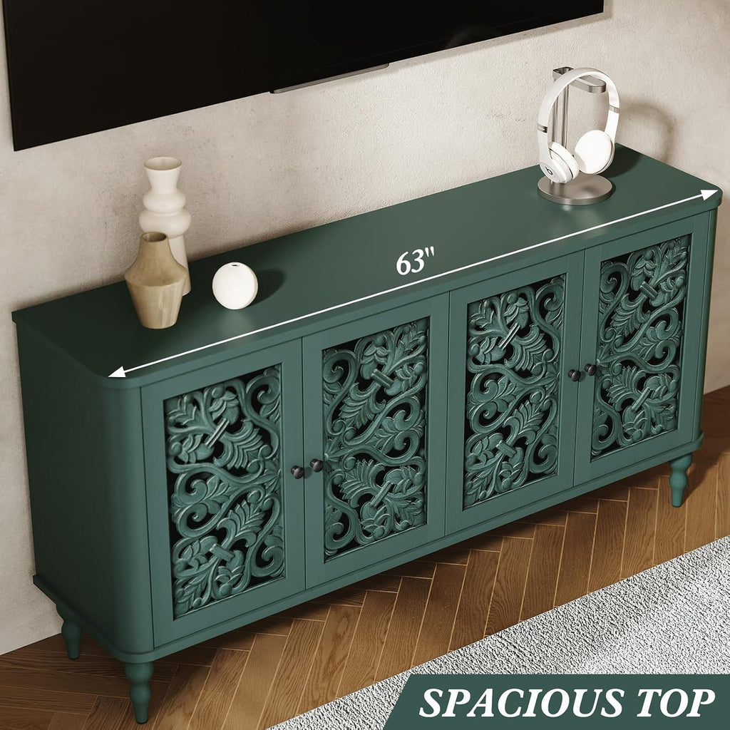 Green 63" Retro Arc Carved 4-Door Sideboard Credenza