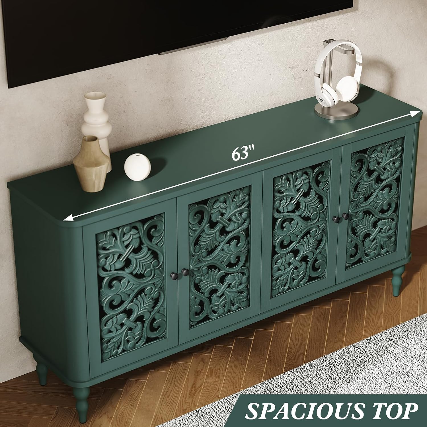 Green 63" Retro Arc Carved 4-Door Sideboard Credenza