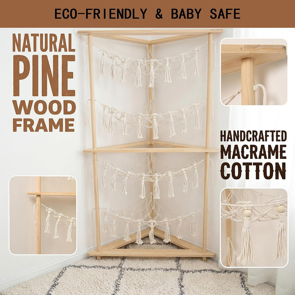 Boho Macrame 4-Tier Corner Stuffed Animal Storage Display Shelf