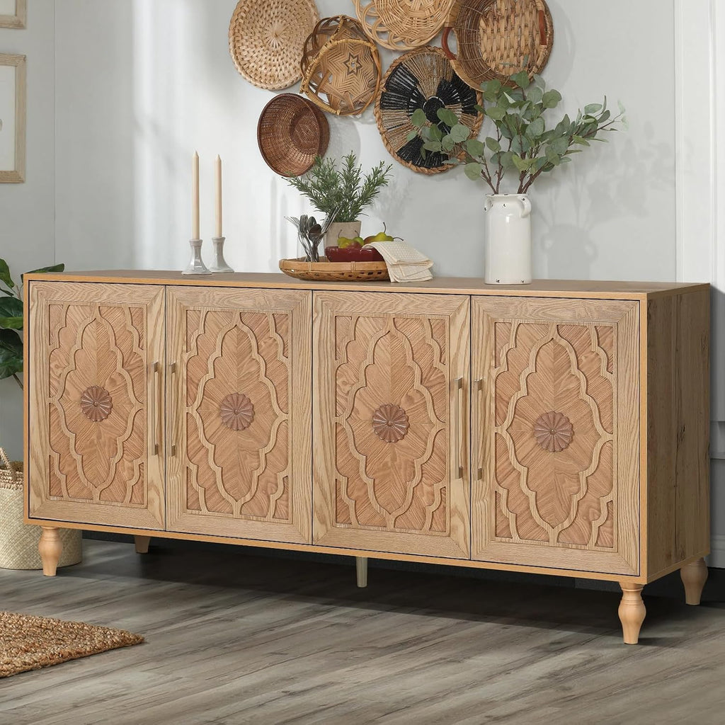 Natural Wood Floral Carved 63 Inch Storage Sideboard Credenza
