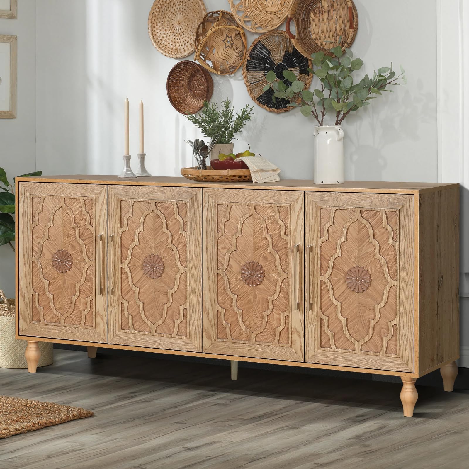 Natural Wood Floral Carved 63 Inch Storage Sideboard Credenza