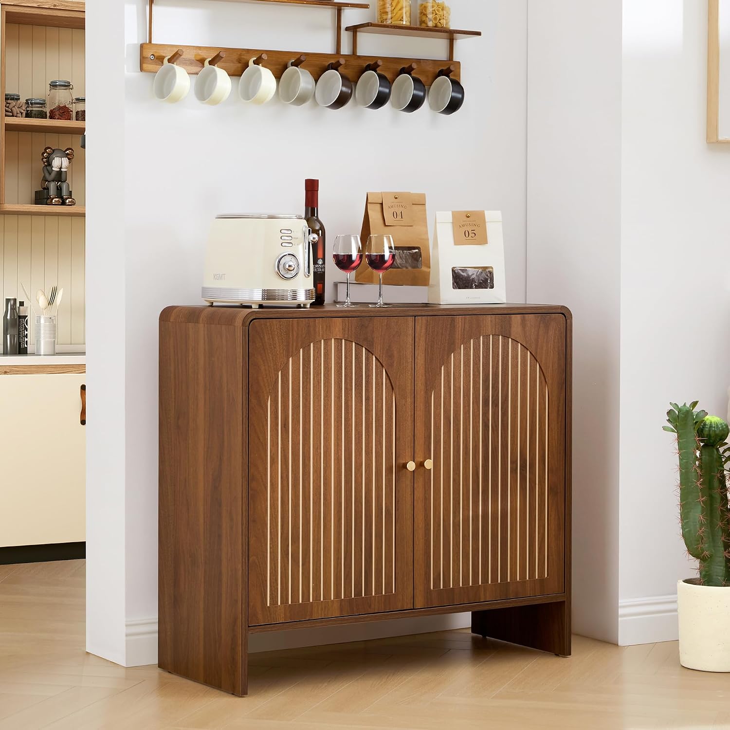 Walnut Arched Door Small Mid-Century Buffet Cabinet