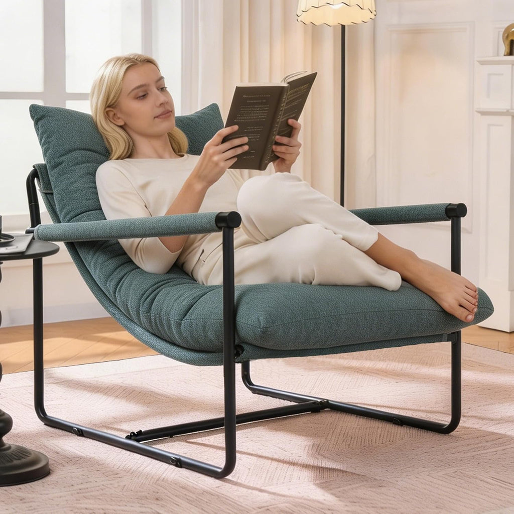 Green Upholstered Metal Frame Comfy Reading Accent Chair, Set of 1