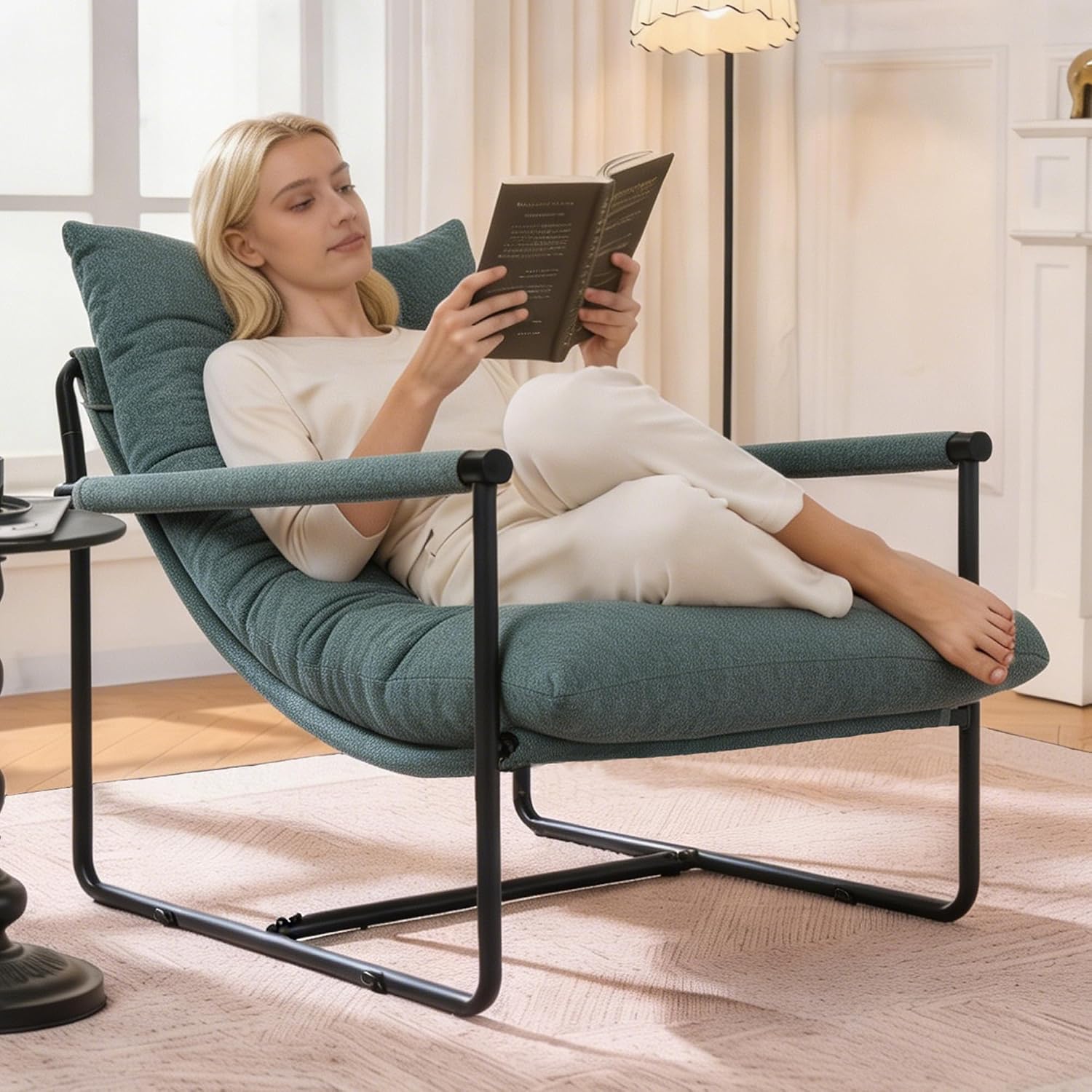 Green Upholstered Metal Frame Comfy Reading Accent Chair, Set of 1