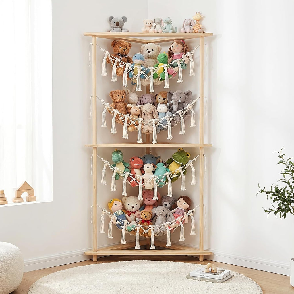 Boho Macrame 4-Tier Corner Stuffed Animal Storage Display Shelf