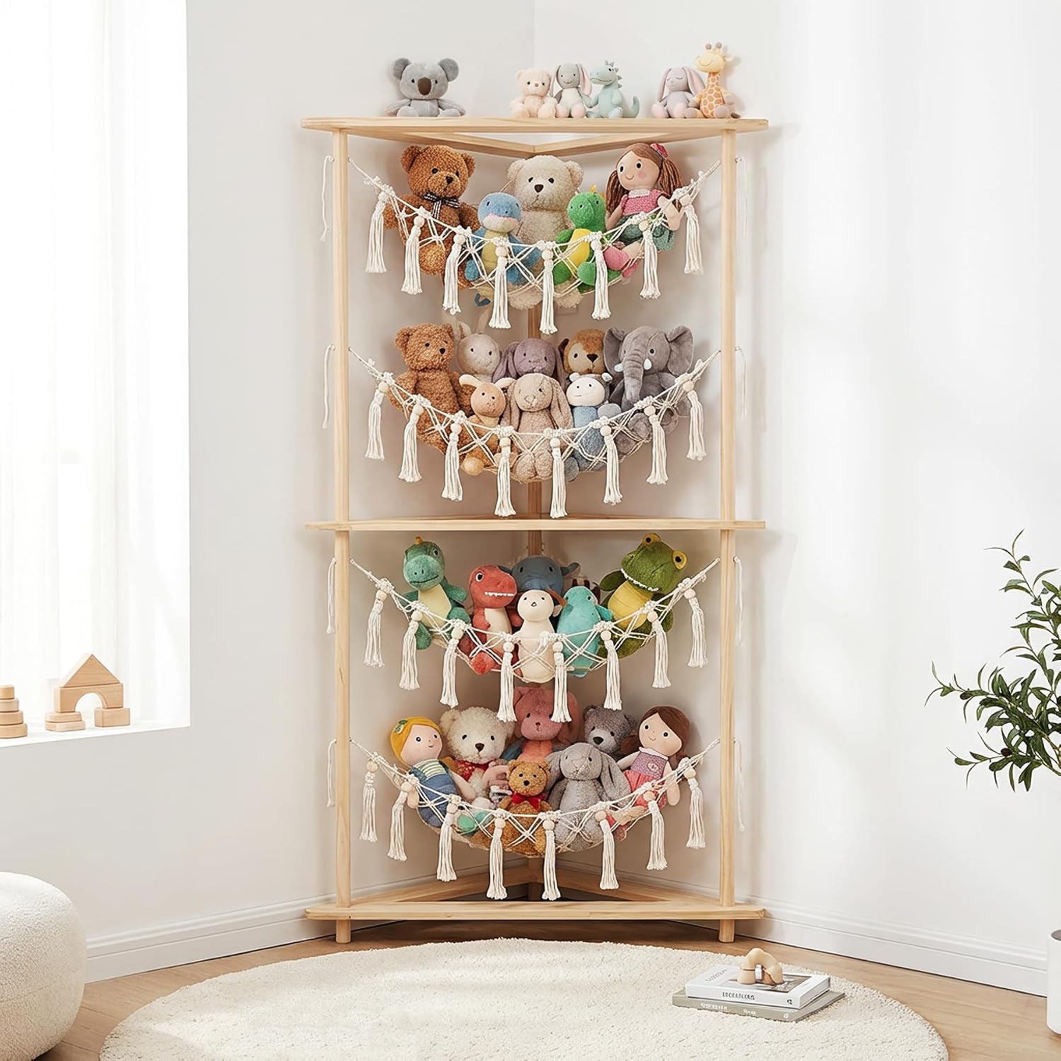 Boho Macrame 4-Tier Corner Stuffed Animal Storage Display Shelf
