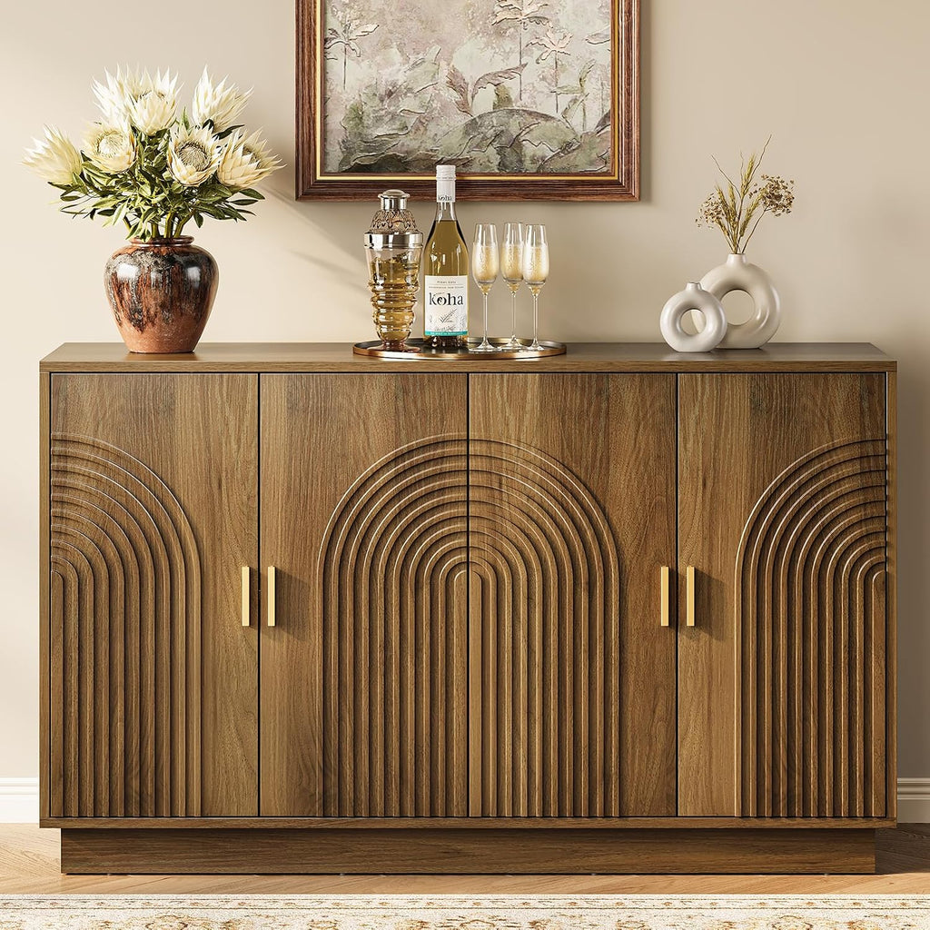 Walnut Fluted 4-Door 57 Inch Storage Sideboard Credenza