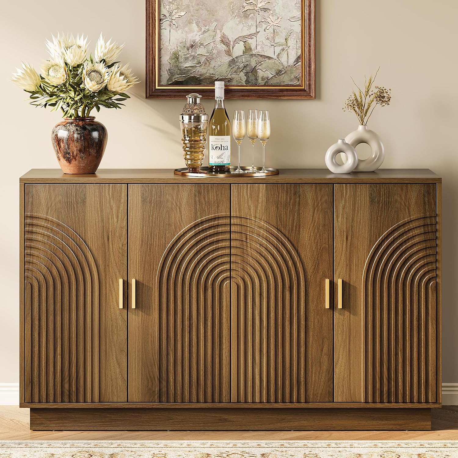 Walnut Fluted 4-Door 57 Inch Storage Sideboard Credenza