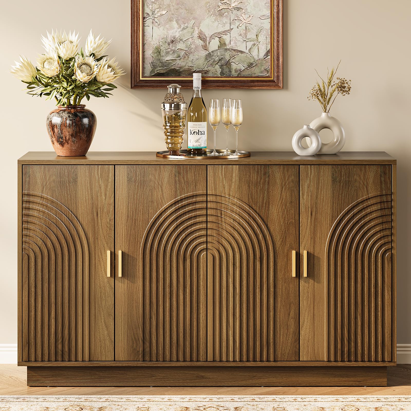 Walnut Fluted 4-Door 57 Inch Storage Sideboard Credenza