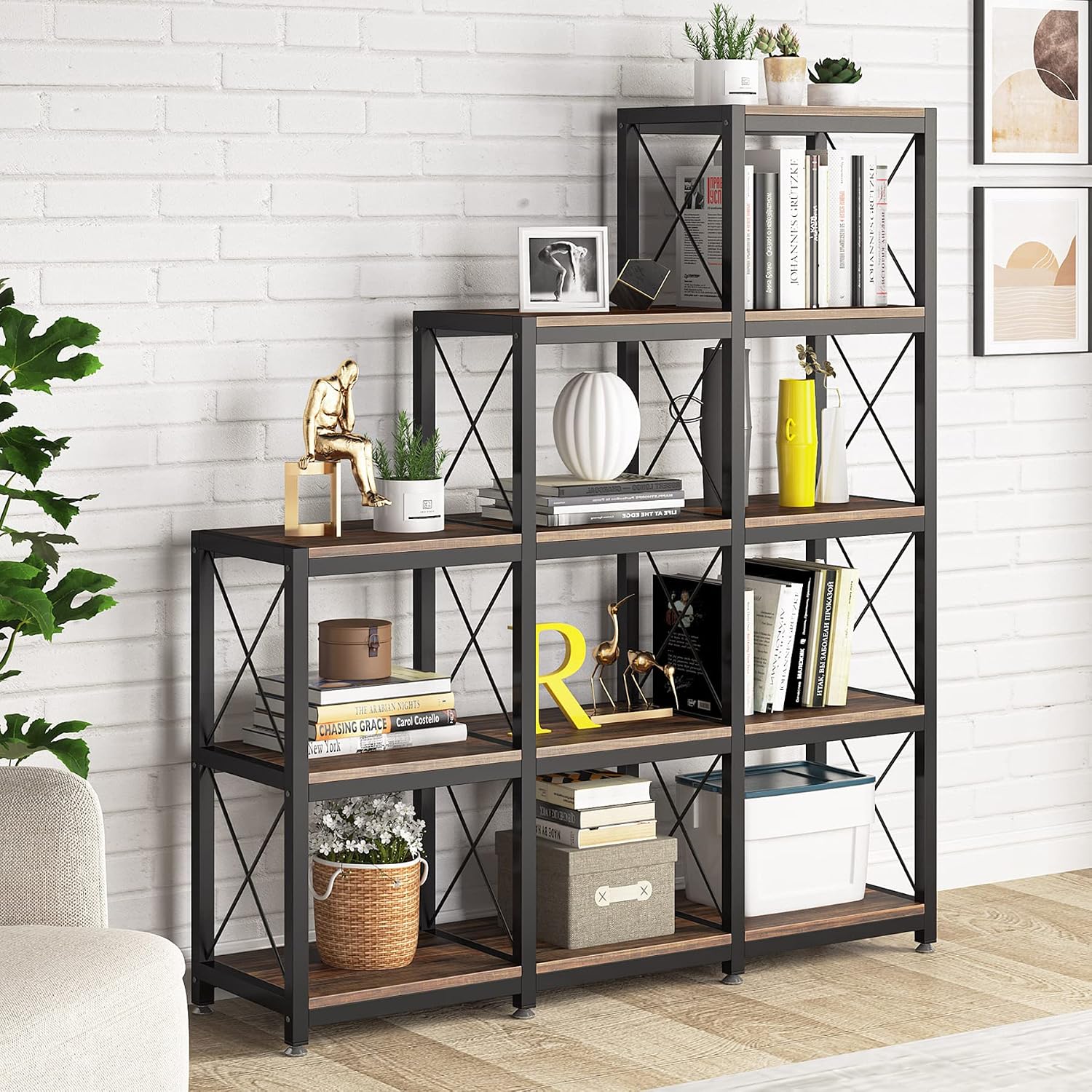 Rustic Brown Industrial Ladder Corner Cube Bookshelf