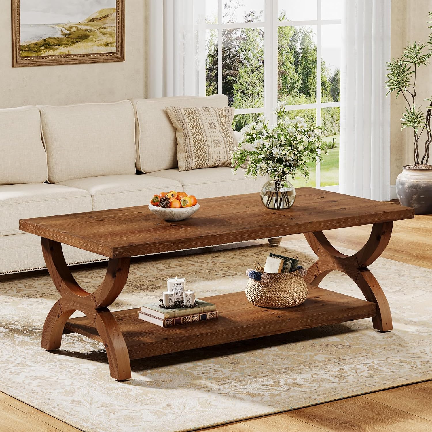 47.2 Inch Rectangle Solid Wood Coffee Table with Storage Shelf for Living Room