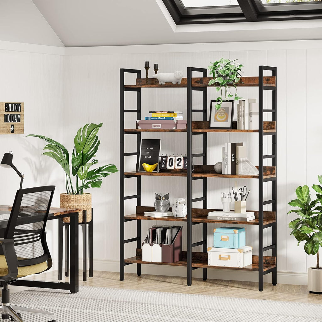 Tribesigns Rustic Brown Double Wide 5-Tier Industrial Bookshelf
