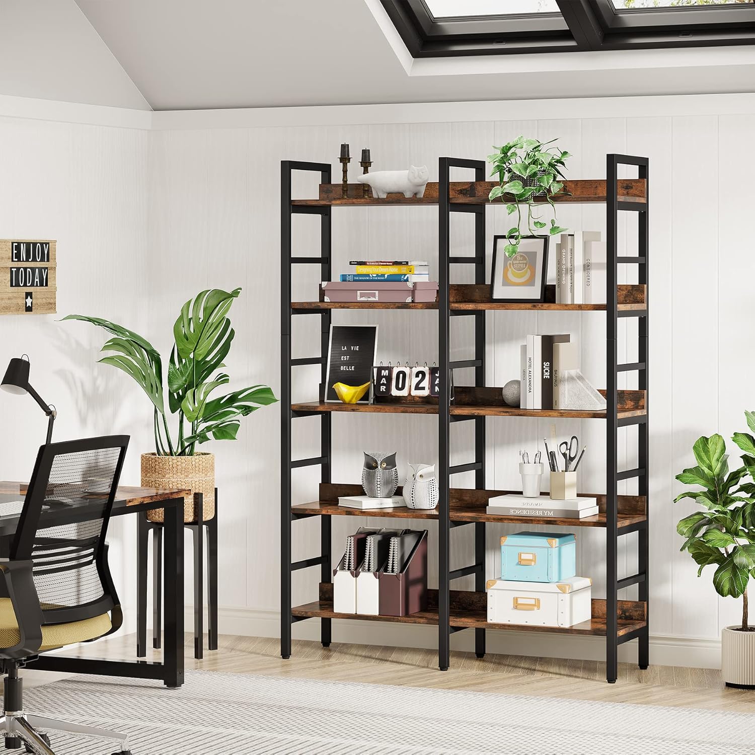 Tribesigns Rustic Brown Double Wide 5-Tier Industrial Bookshelf