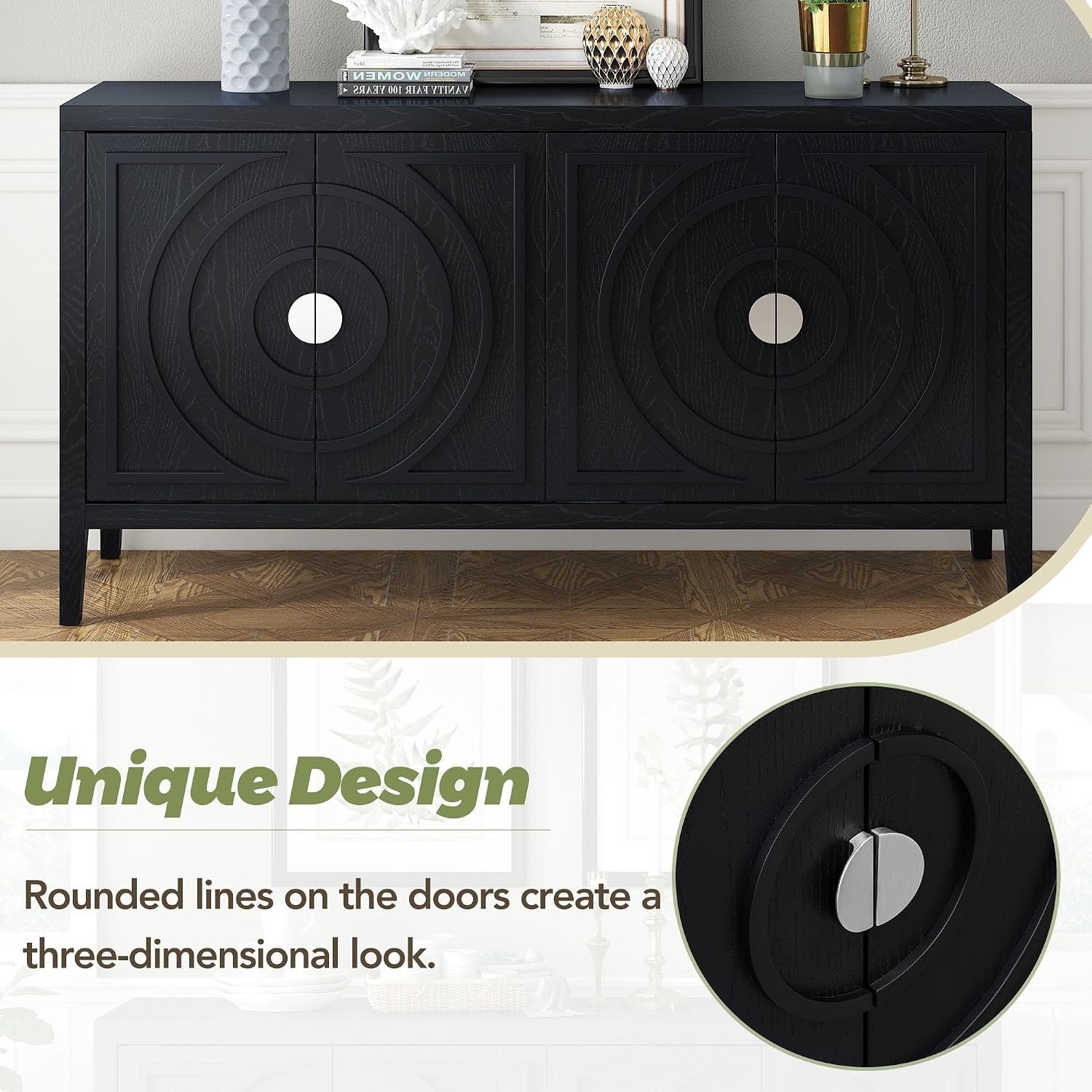 Black Round Metal Handle Retro Storage Sideboard Cabinet