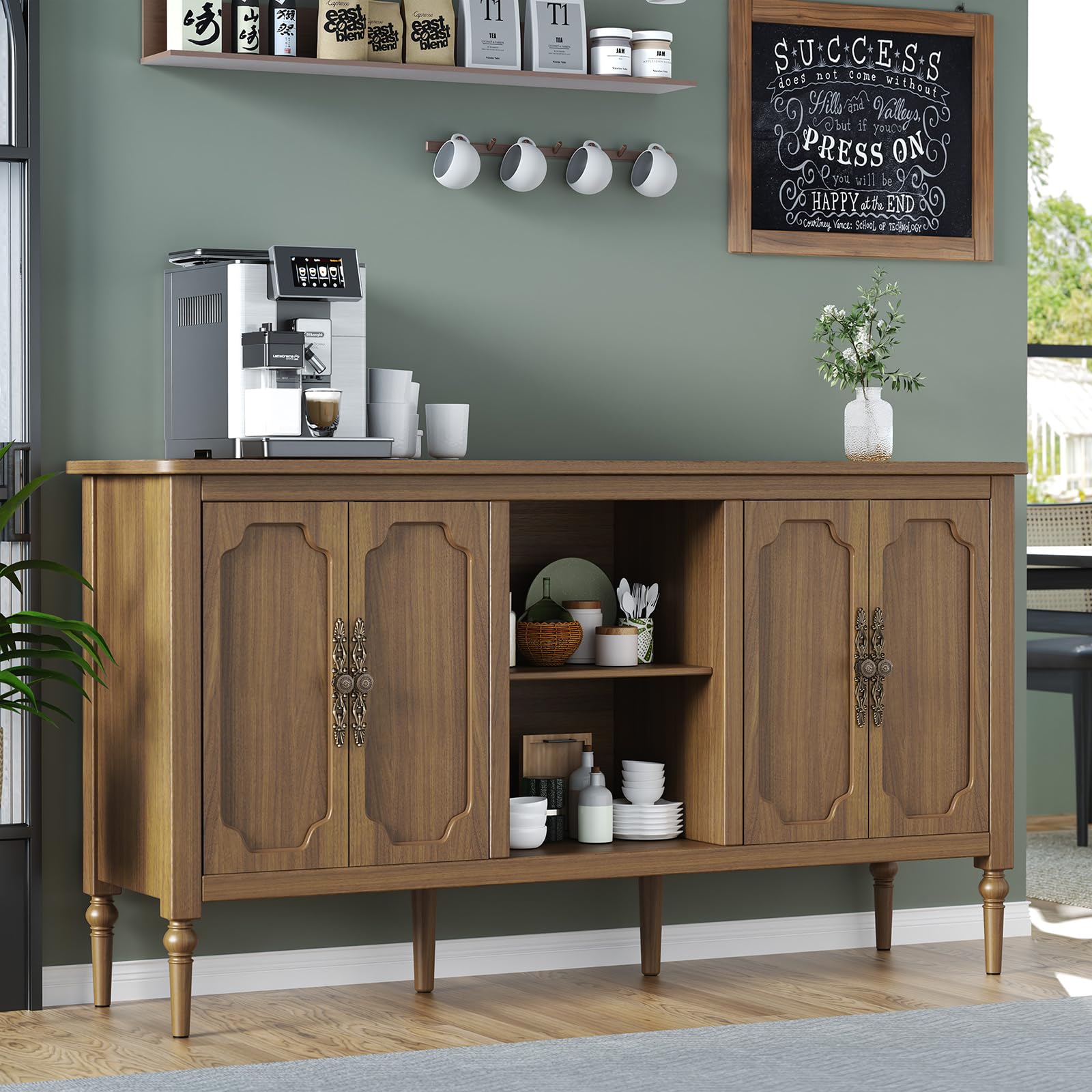 Green 59" Vintage Mid-Century 4-Door Sideboard TV Credenza