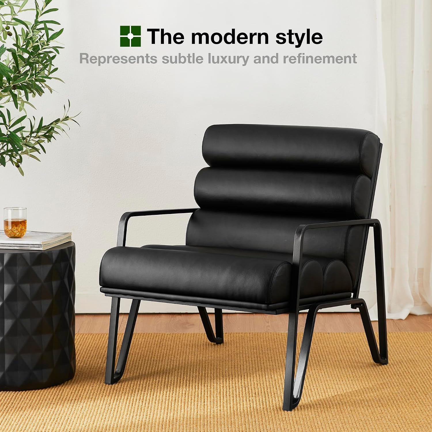 Black PU Leather Accent Chair with Metal V-Shaped Legs
