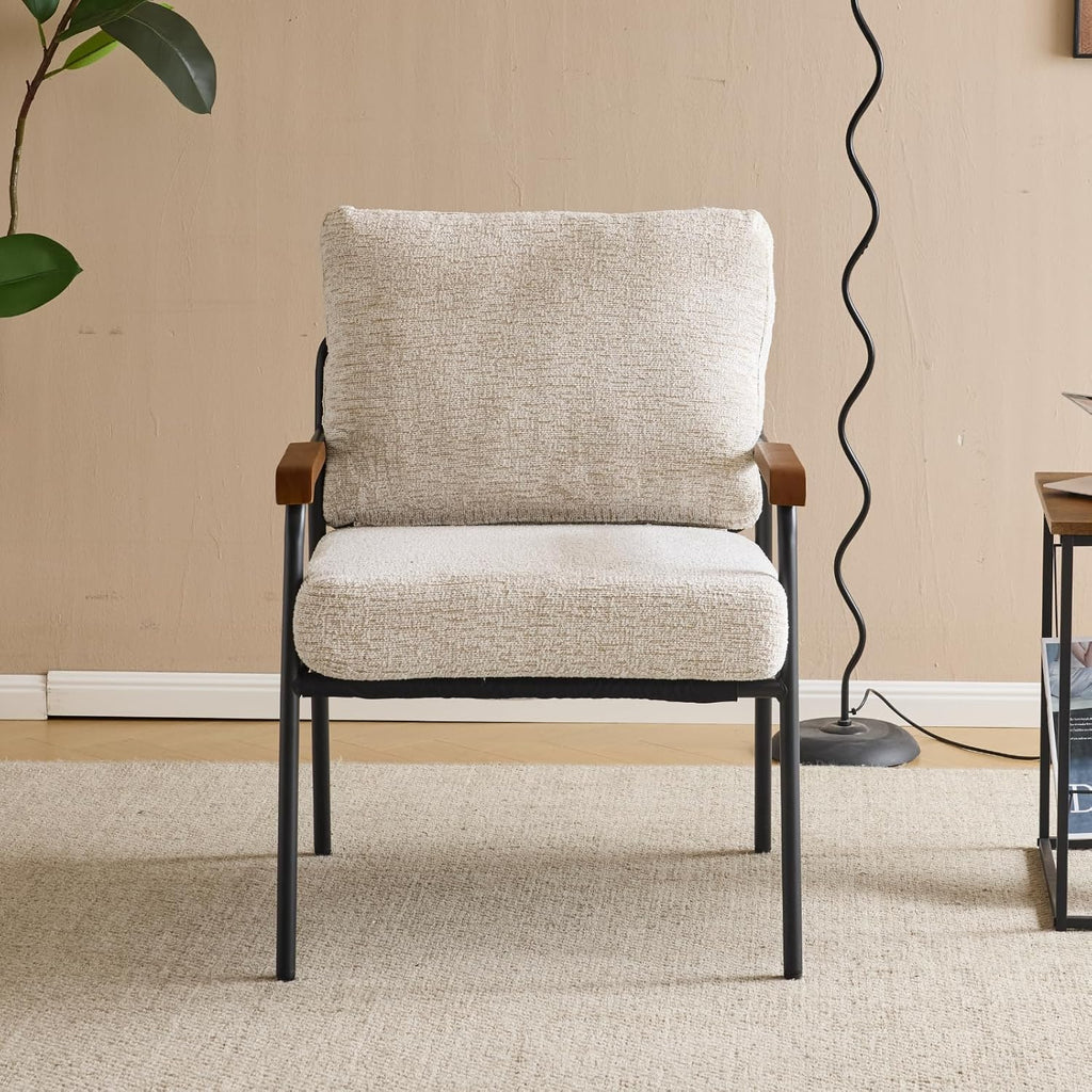Beige Linen Mid-Century Accent Chair with Wood Arms & Metal Frame