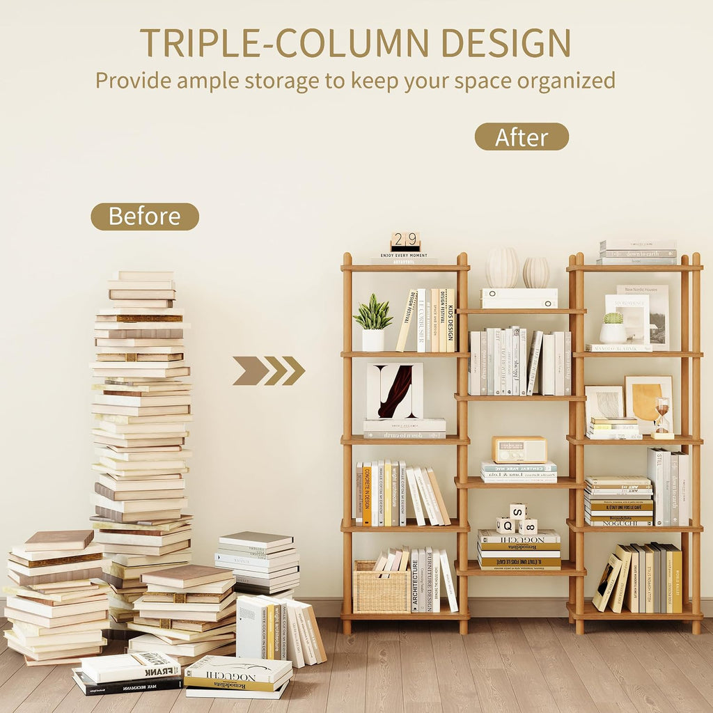 Oak Triple Wide 5-Tier Beech Frame Open Display Bookshelf