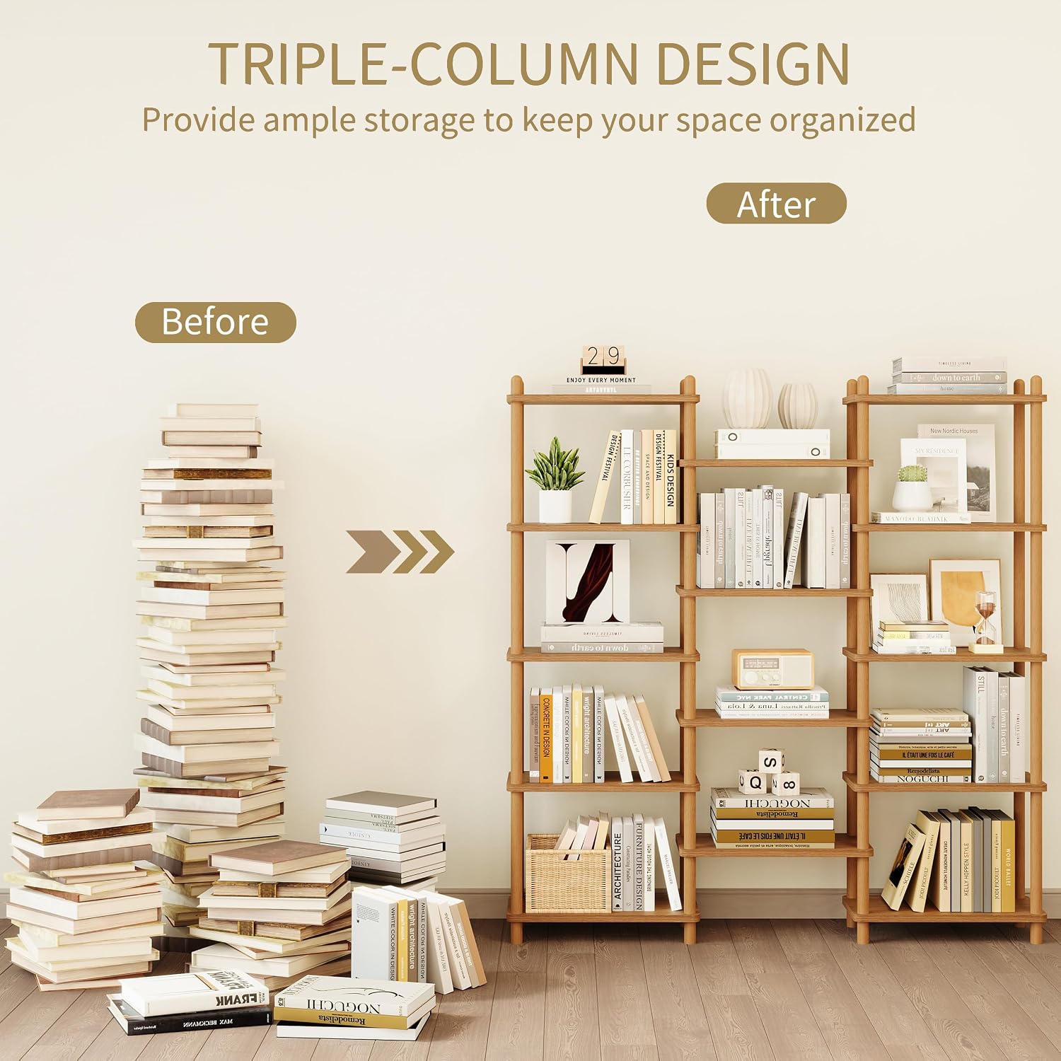 Oak Triple Wide 5-Tier Beech Frame Open Display Bookshelf