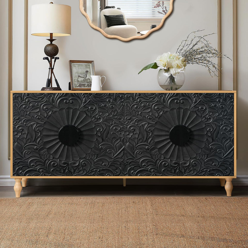 Natural Wood Floral Carved 63 Inch Storage Sideboard Credenza