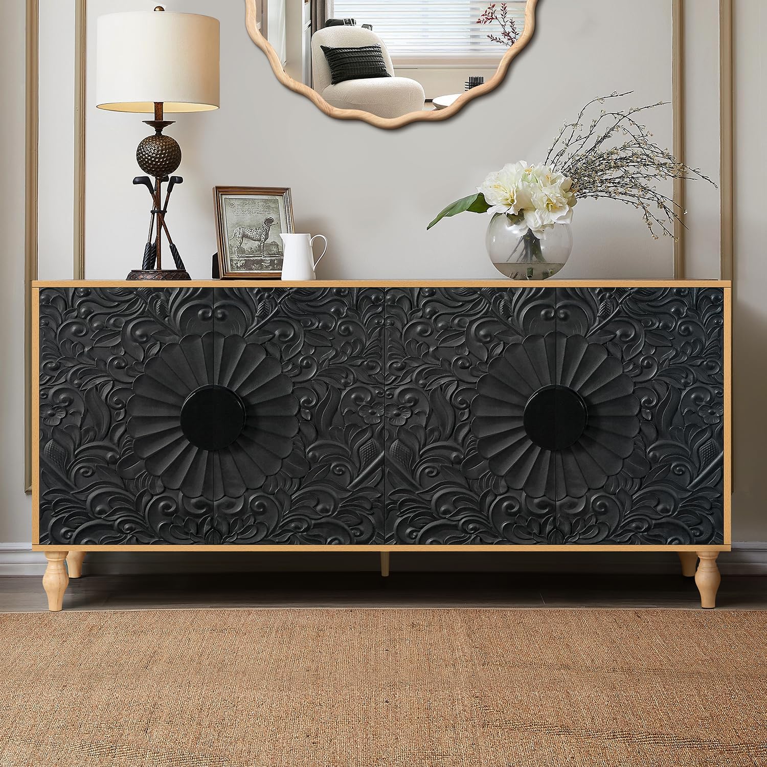 Natural Wood Floral Carved 63 Inch Storage Sideboard Credenza