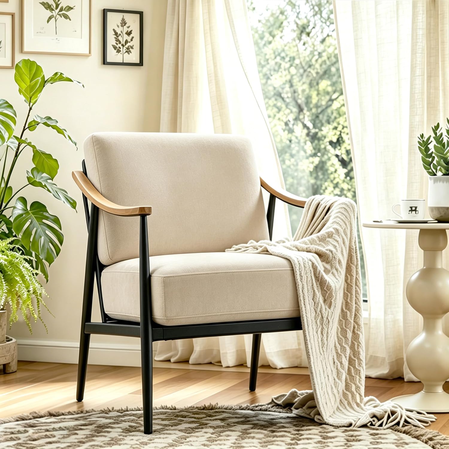 Cream White Mid-Century Metal Frame Upholstered Accent Chair