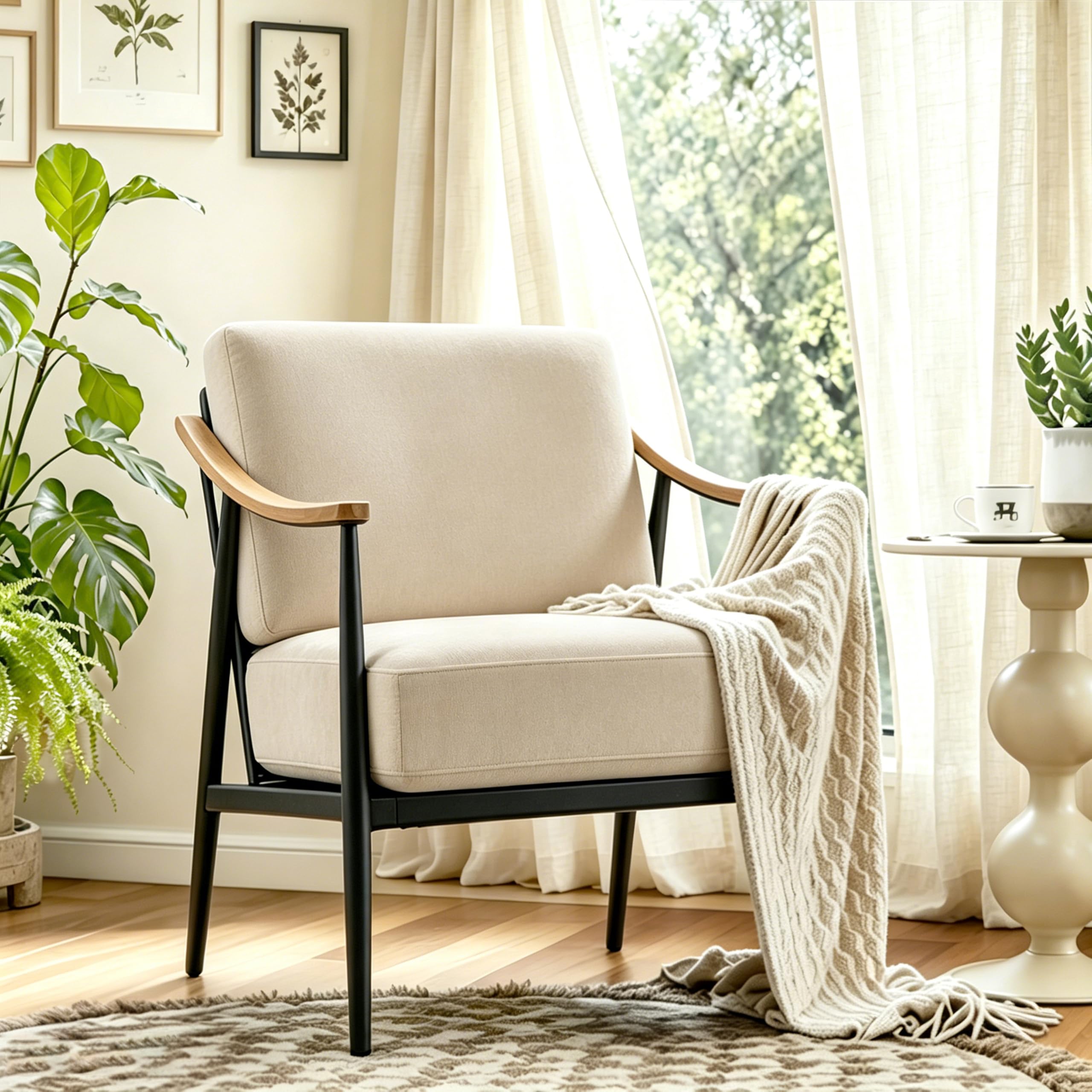 Cream White Mid-Century Metal Frame Upholstered Accent Chair