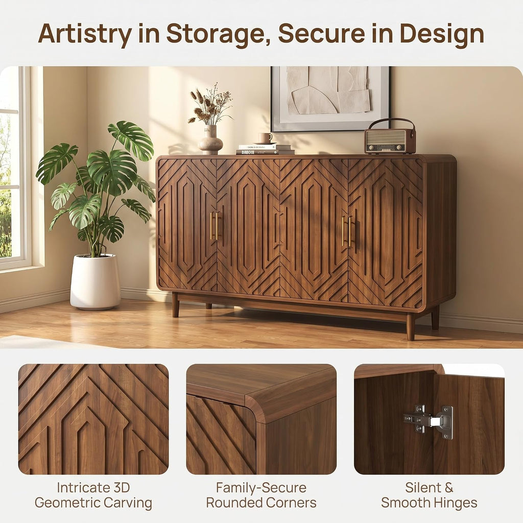 Walnut Geometric Carved 4-Door Mid-Century Sideboard Cabinet