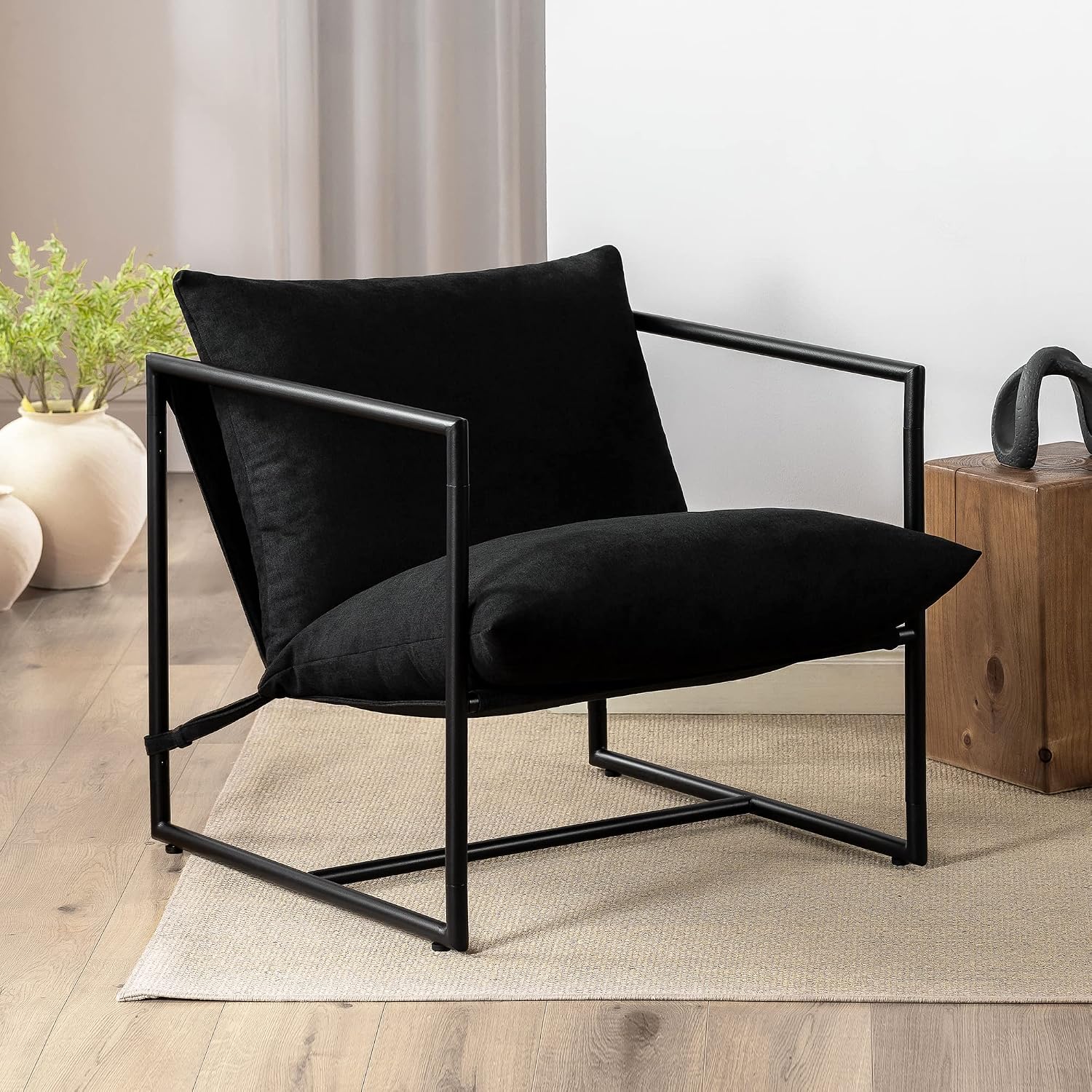Zinus Aidan Black Sling Accent Chair with Metal Frame & Shredded Foam Cushion