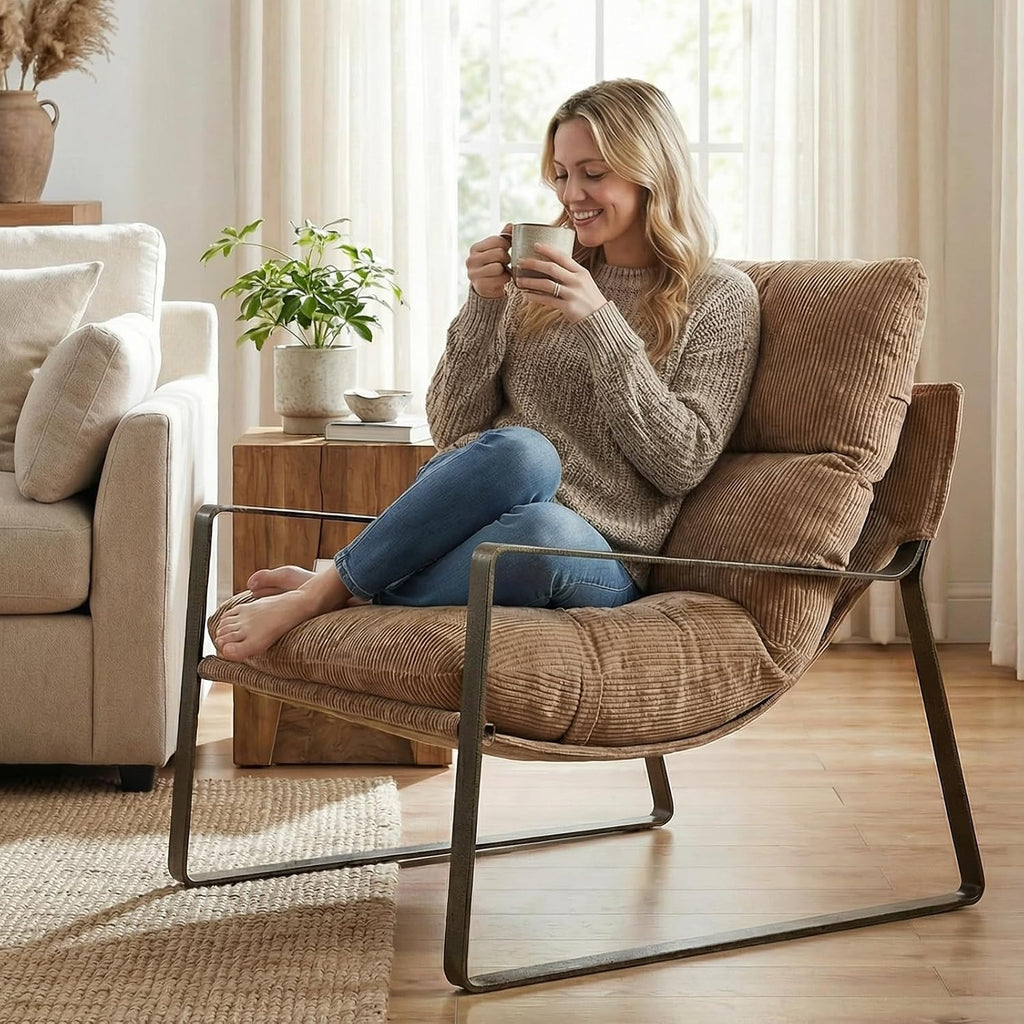 Khaki Chenille Accent Armchair with Brass Metal Frame