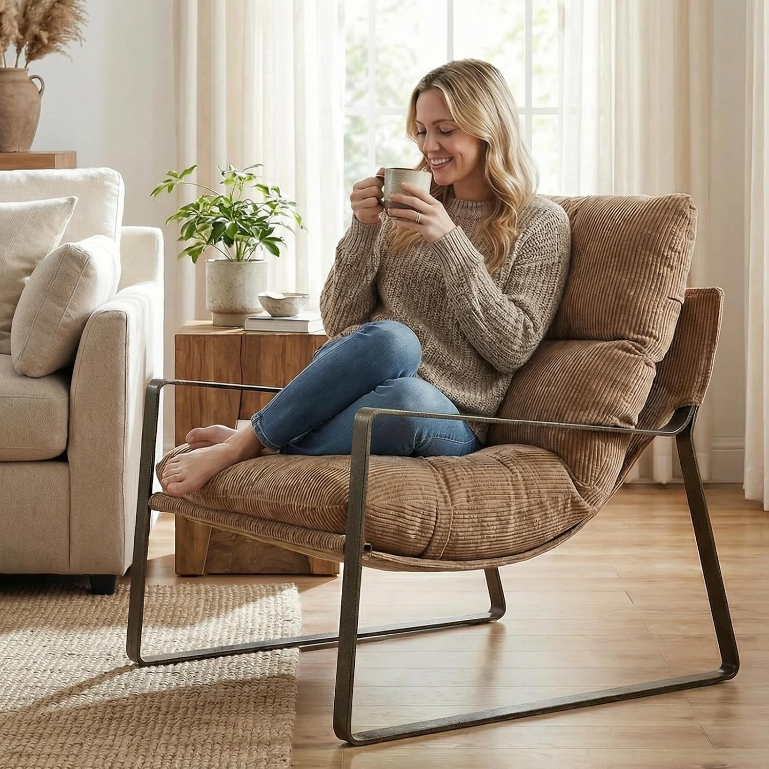 Khaki Chenille Accent Armchair with Brass Metal Frame