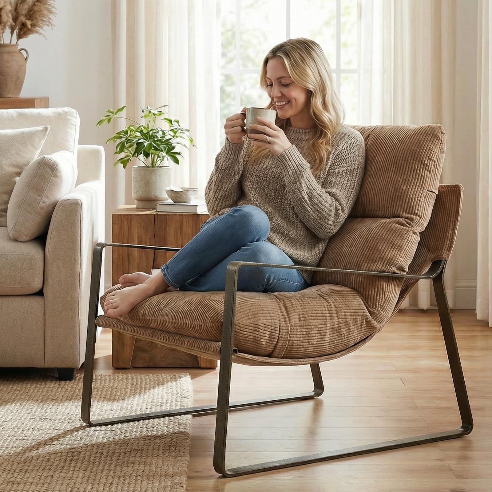 Khaki Chenille Accent Armchair with Brass Metal Frame