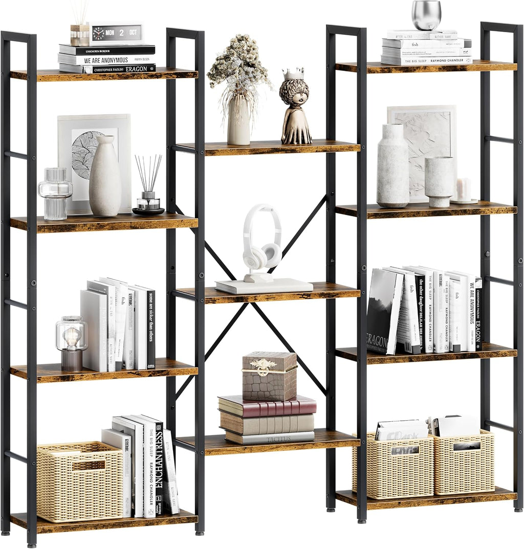 Rustic Brown Triple Column 5-Tier Wide Industrial Display Bookshelf