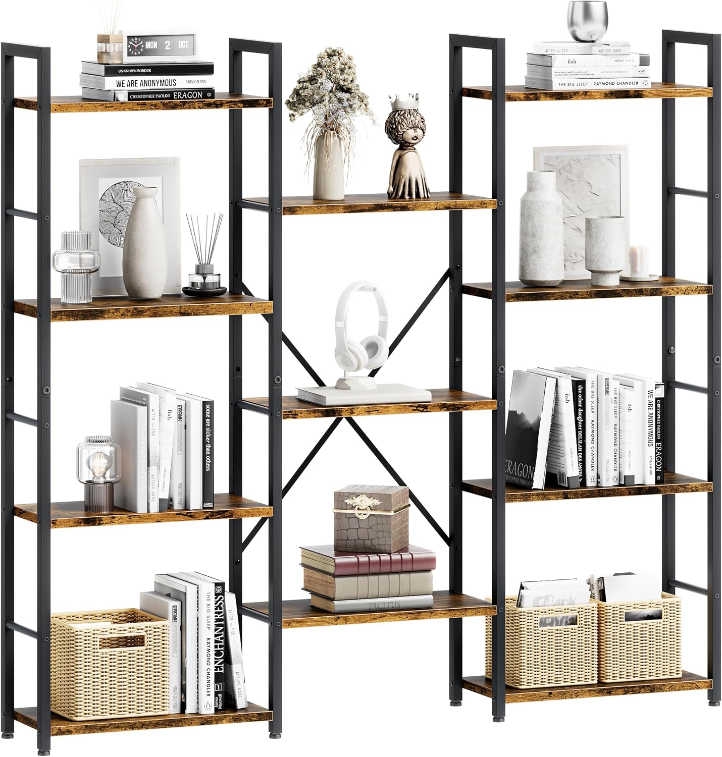 Rustic Brown Triple Column 5-Tier Wide Industrial Display Bookshelf