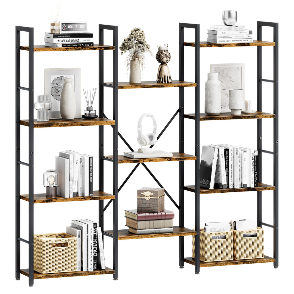 Rustic Brown Triple Column 5-Tier Wide Industrial Display Bookshelf