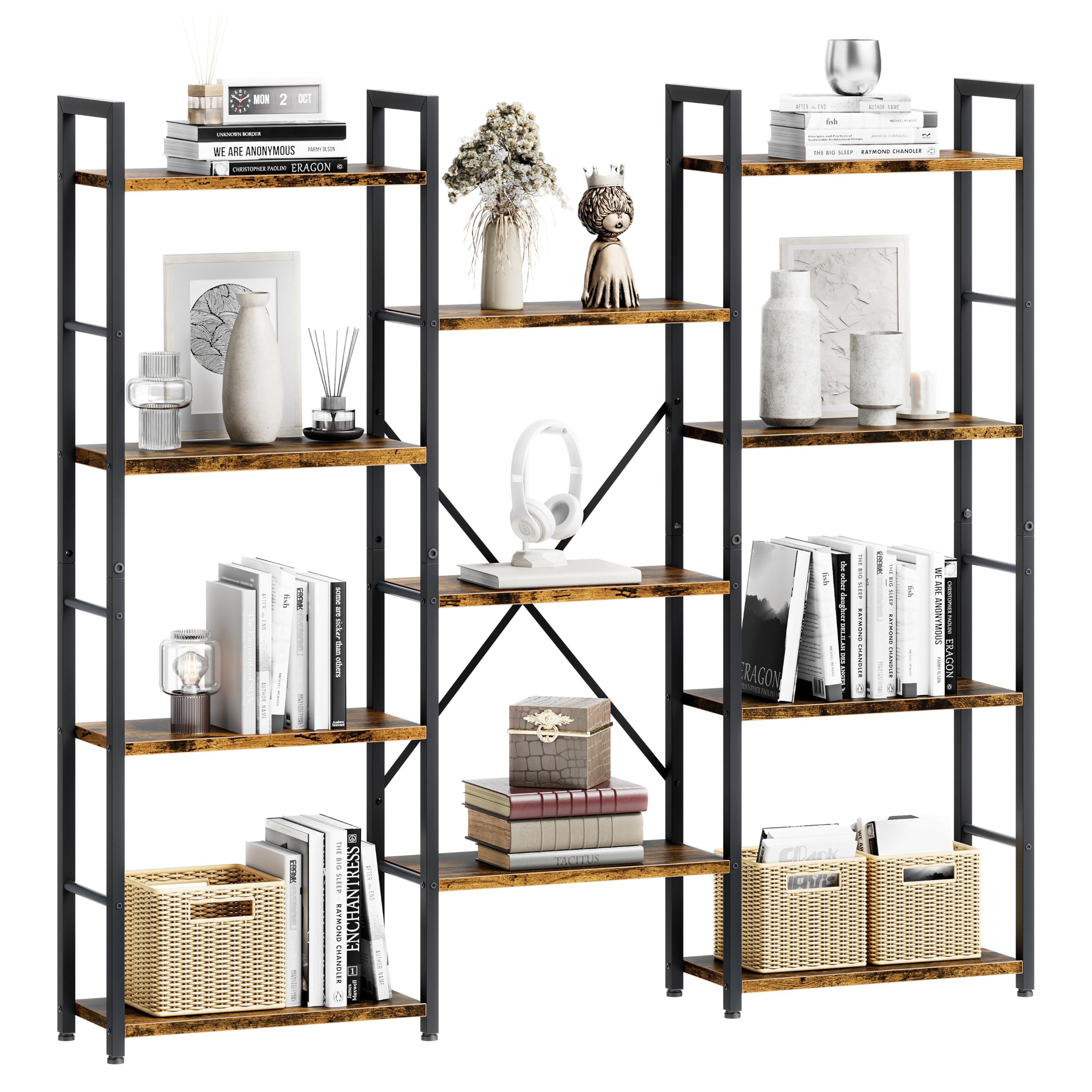 Rustic Brown Triple Column 5-Tier Wide Industrial Display Bookshelf