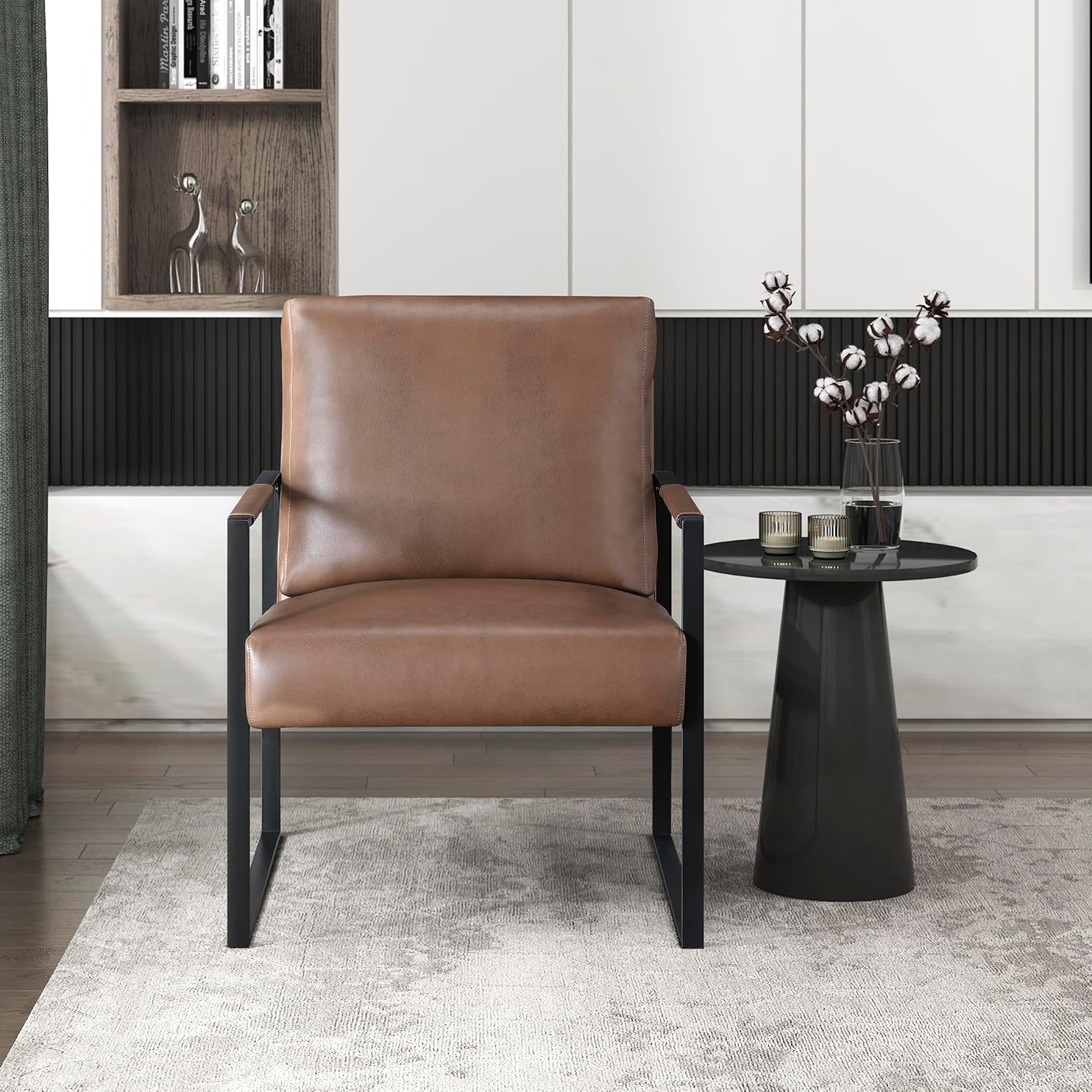 Brown Faux Leather Accent Chair with Black Metal Frame & Wrapped Armrests