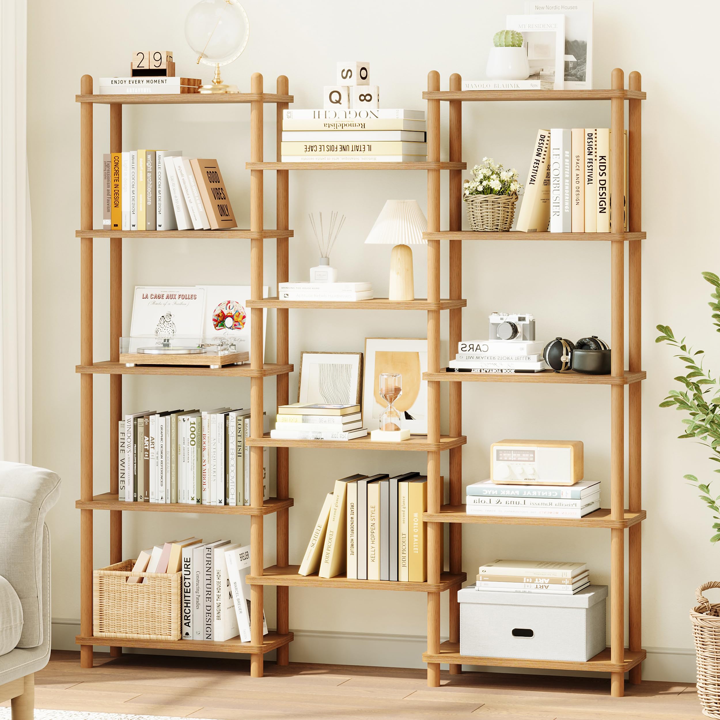 Oak Triple Wide 5-Tier Beech Frame Open Display Bookshelf