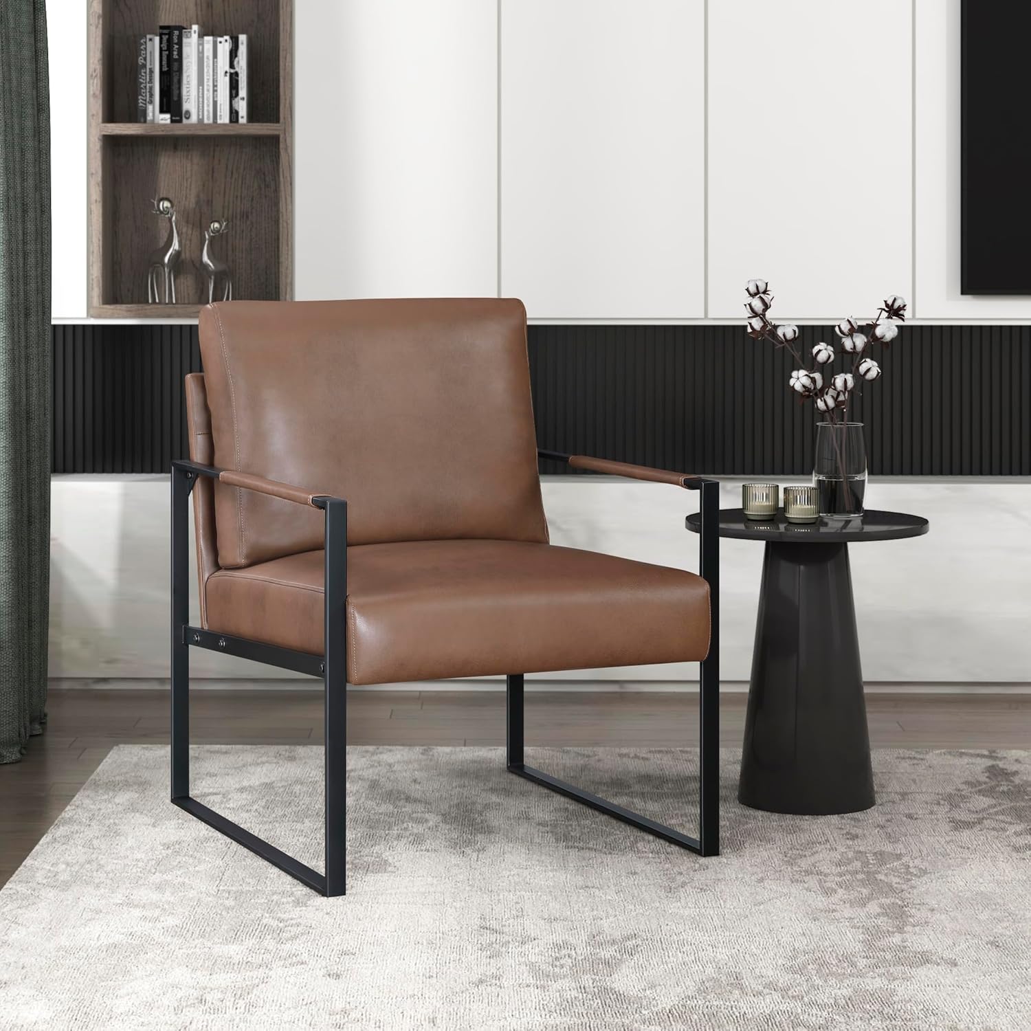 Brown Faux Leather Accent Chair with Black Metal Frame & Wrapped Armrests