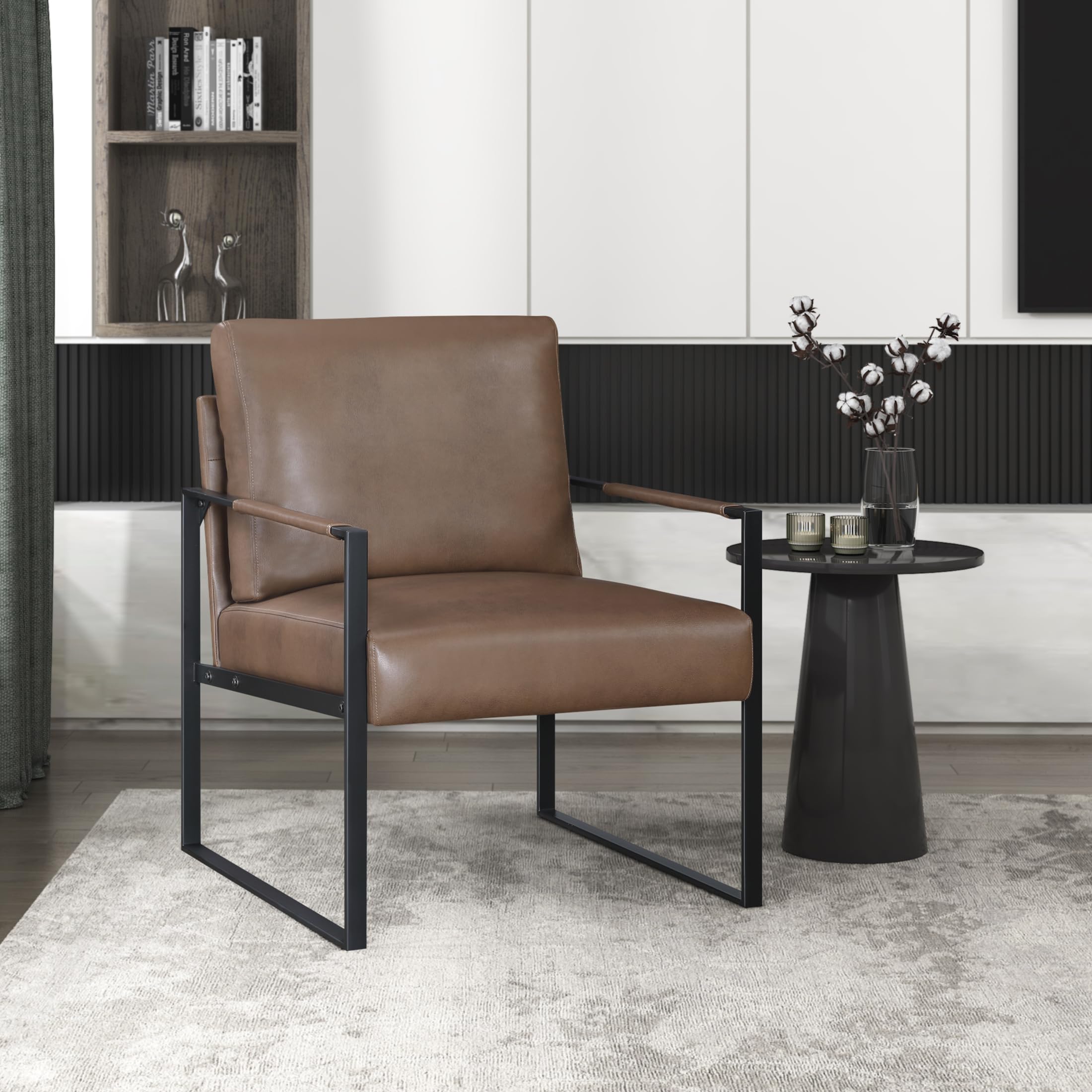 Brown Faux Leather Accent Chair with Black Metal Frame & Wrapped Armrests
