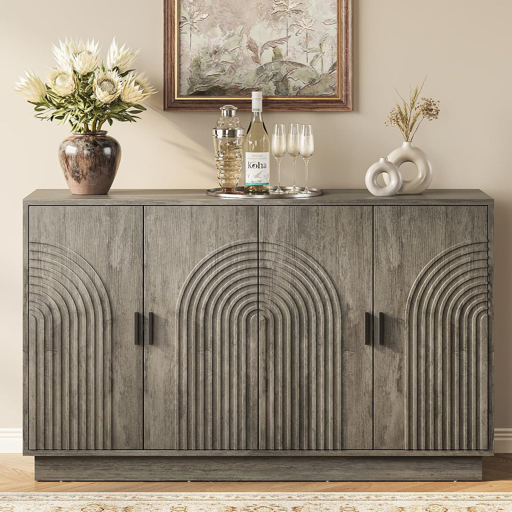 Walnut Fluted 4-Door 57 Inch Storage Sideboard Credenza