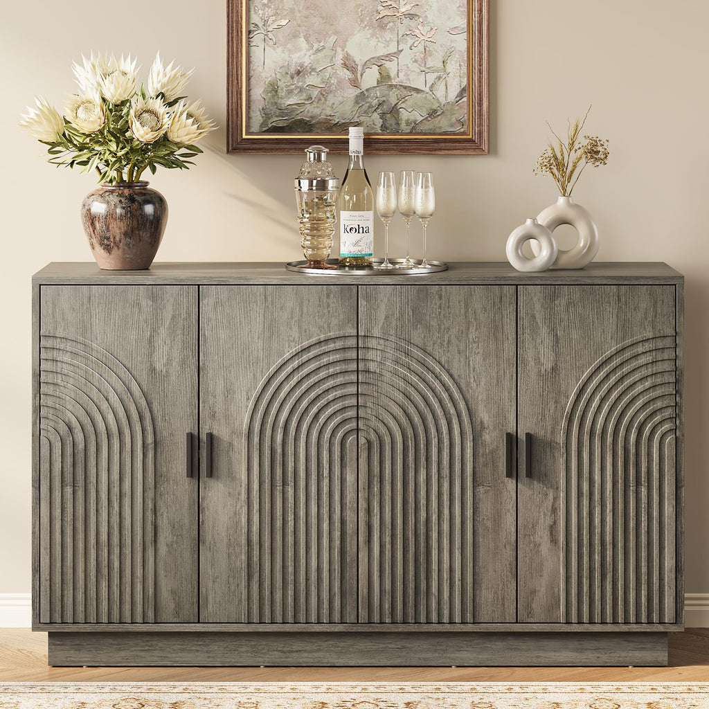 Walnut Fluted 4-Door 57 Inch Storage Sideboard Credenza