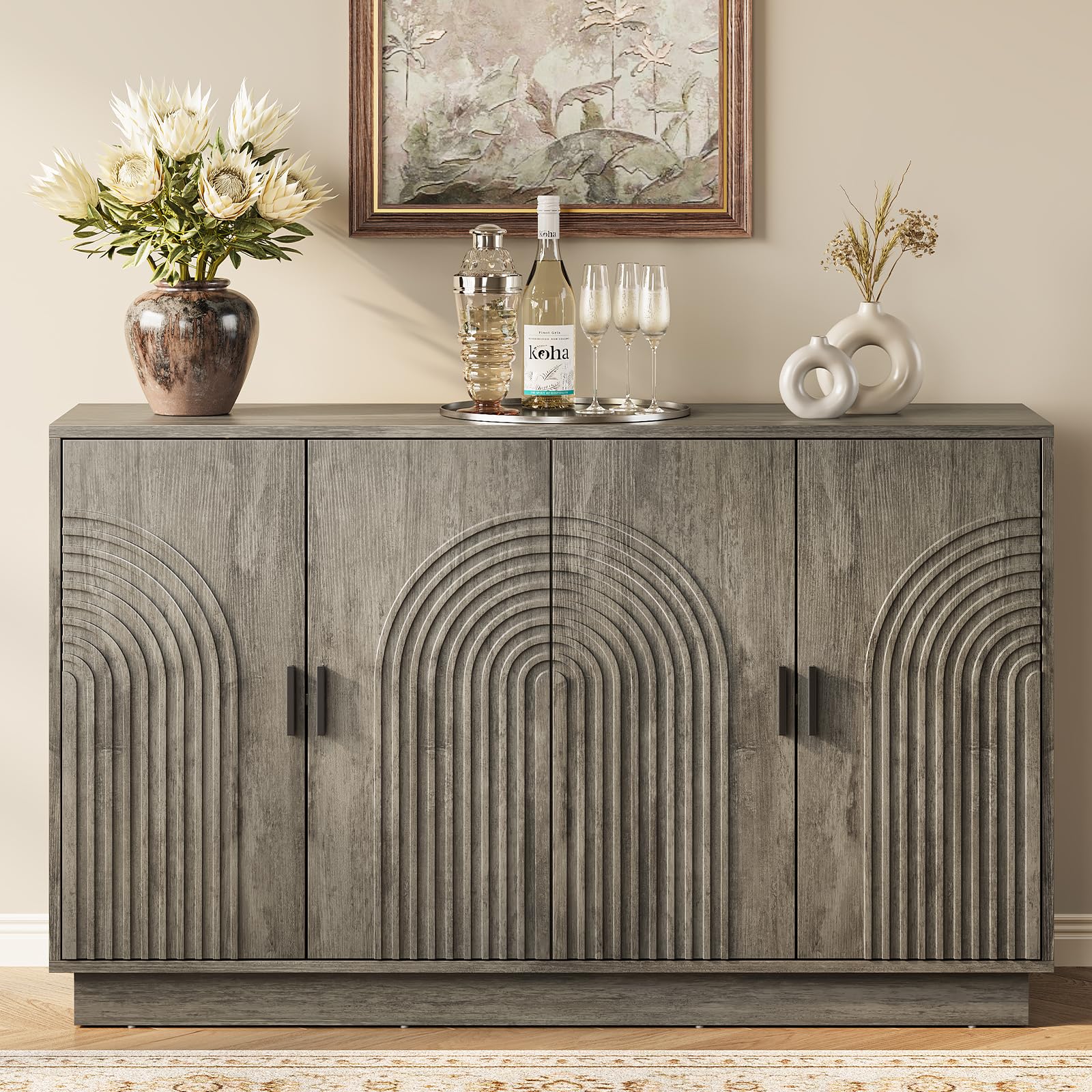 Walnut Fluted 4-Door 57 Inch Storage Sideboard Credenza