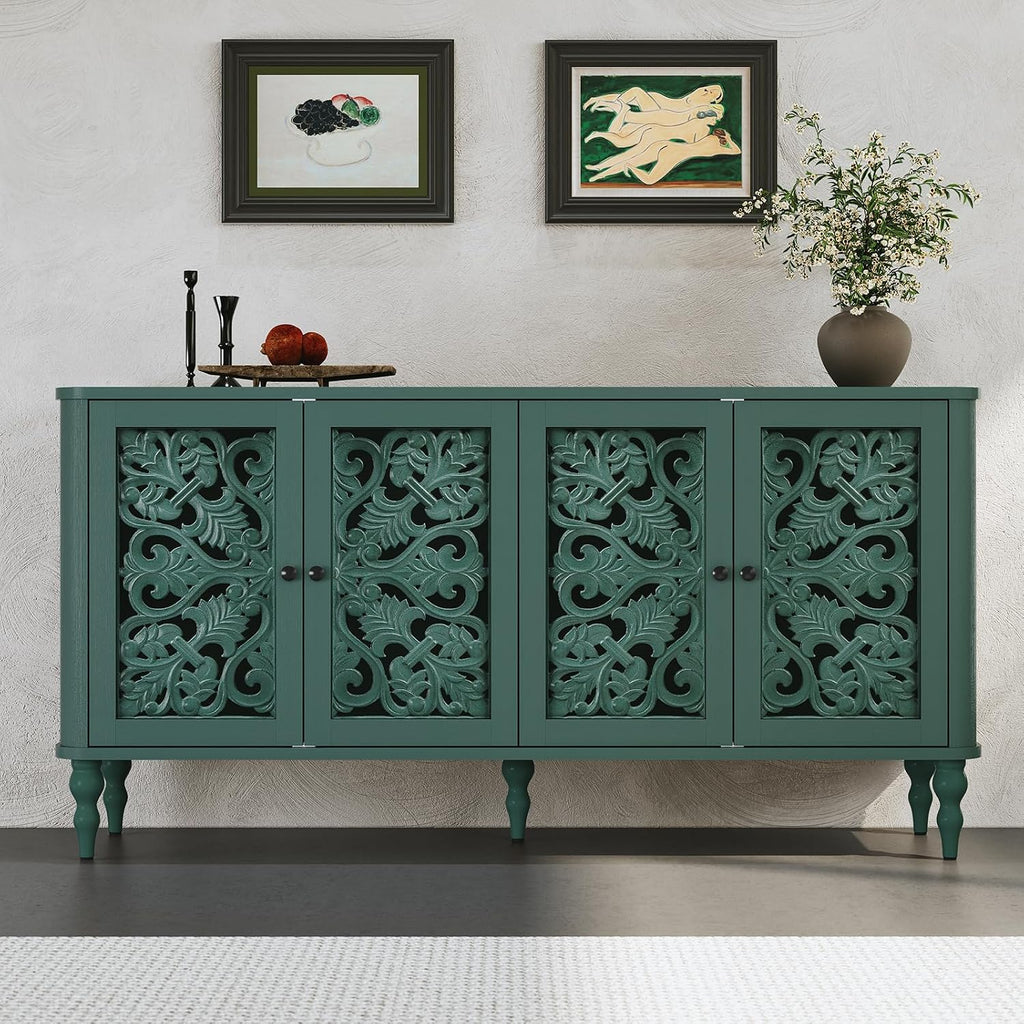 Green 63" Retro Arc Carved 4-Door Sideboard Credenza